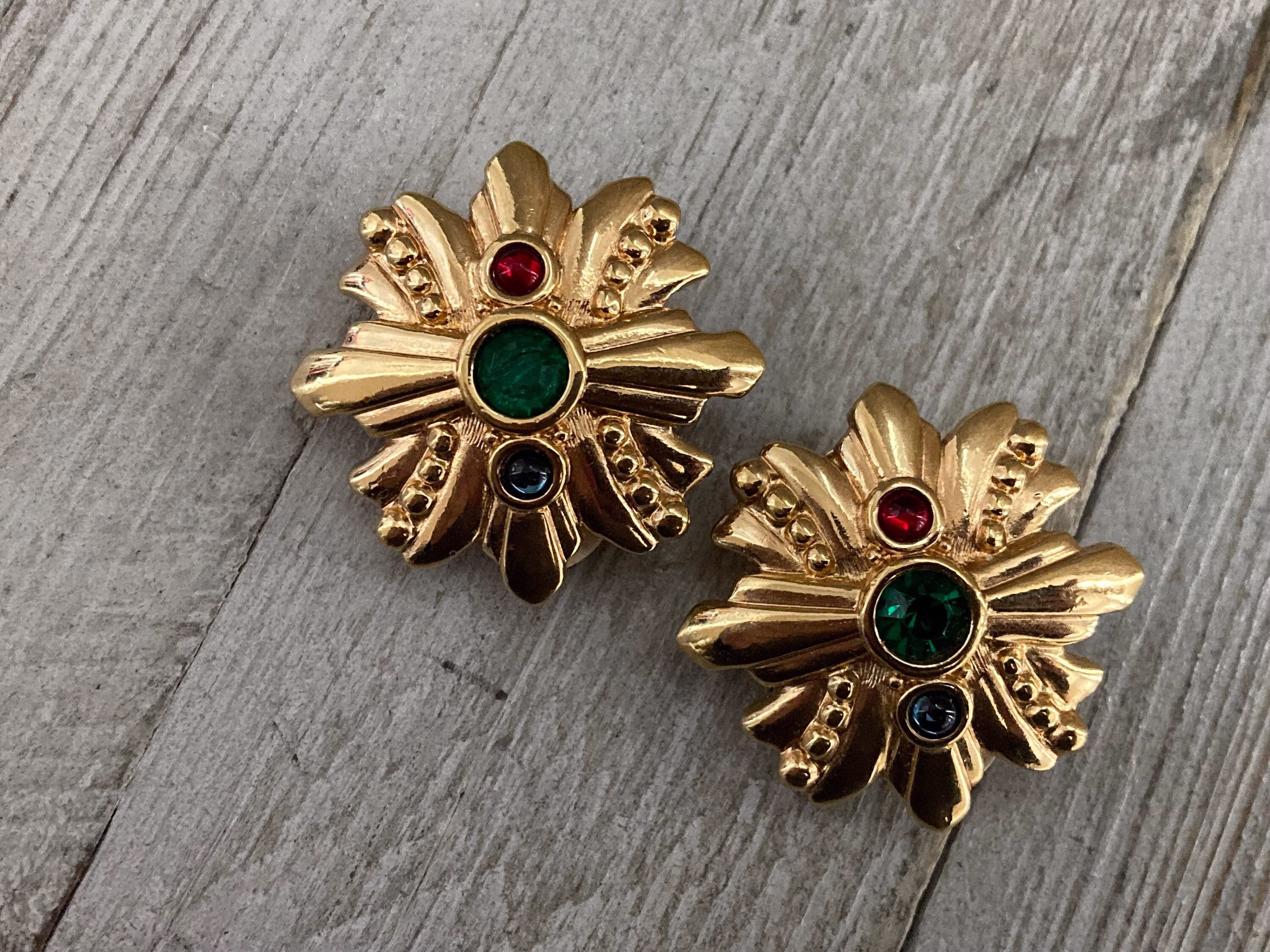 Beautiful Vintage 1990's Gold Classic Statement Clip Earrings With Multicolored Rhinestones