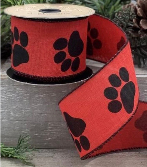 Valentine's Day Red 2.5" Wired Linen Ribbon Big Black Dog Cat Paw Prints Pet Paws Pawprint Puppy Doggy Kitty 2 1/2" Wire Edged By Yard/Roll