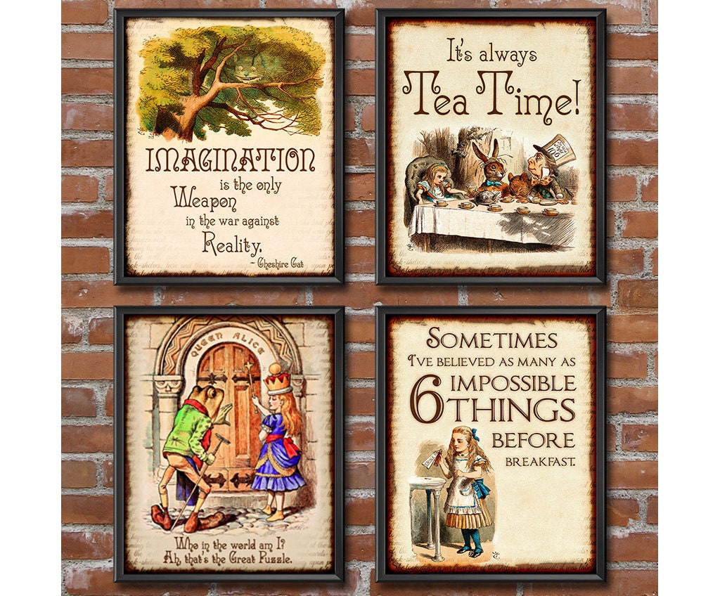 Alice in Wonderland Decorations - Mad Hatters Tea Party, Wall Art Set Of 4 Hatter Quotes Decor 0283