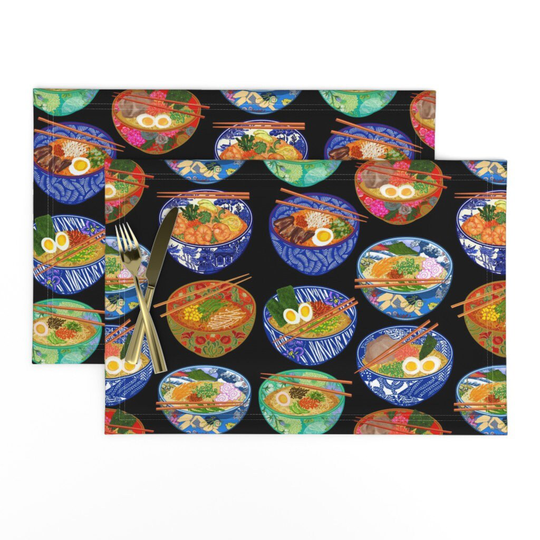 Soup Placemats | Set Of 2 - Ramen Bowls Hawaii By Hnldesigns Black Japanese Food Noodle Bowl Cloth Spoonflower