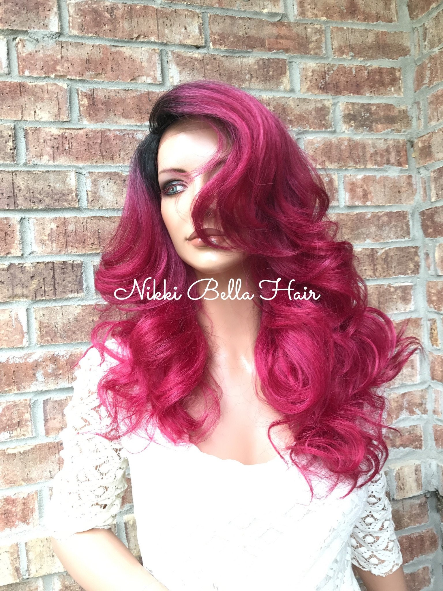Fuschia Ombr Human Hair Blend Multi Parting Lace Front Wig 20' 417175