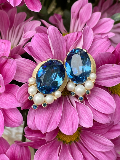 Trifari Blue Crystal & Faux Pearl Vintage Clip-On Earrings