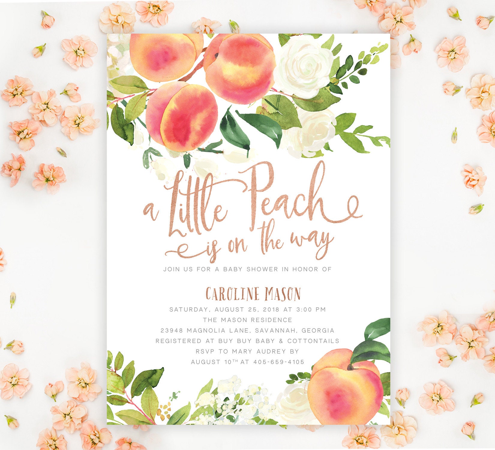 A Little Peach Baby Shower Invitation, Is On The Way Invite, Peaches Boy Or Girl Florals, Rose Gold