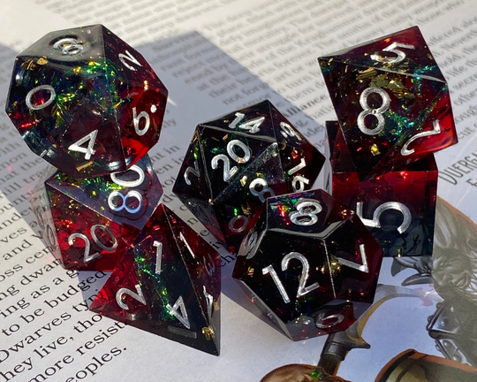 Maelstrom- New Ruby & Black Blended Sharp Edge Dice Set- Prismatic Foil Gold Glitter - Silver Ink- Dnd Set, Rpg