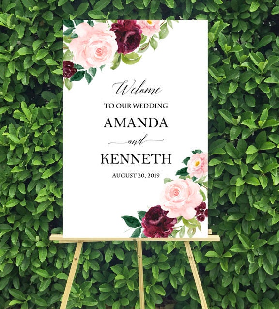 Printed Burgundy & Blush Wedding Welcome Sign Poster Foam Board Shower Rehearsal Dinner - Olivia Collection