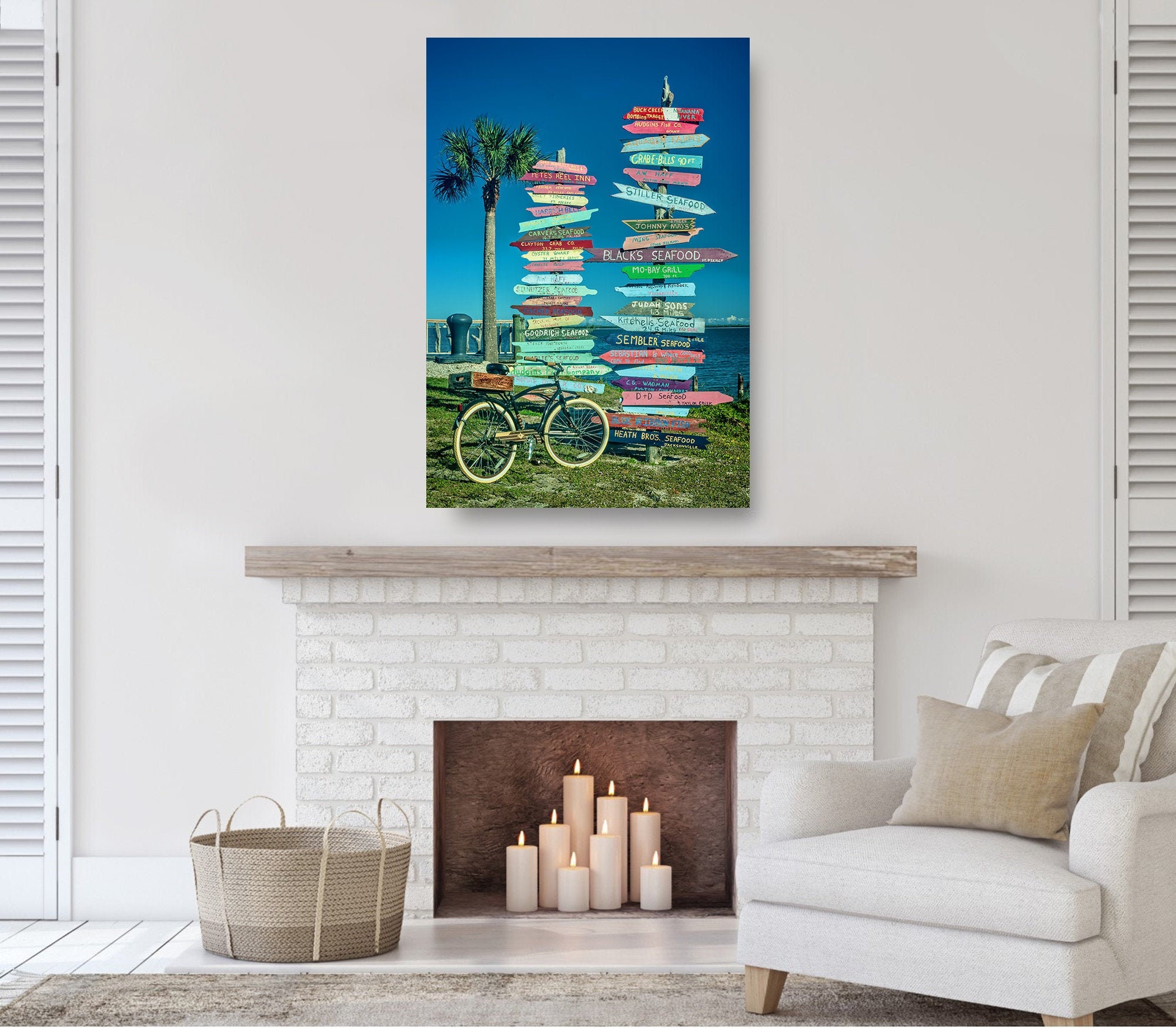 Title - Seafood Choices Beach Cruiser Tiki Sign Coke Crate Ocean Sea Antique Vintage Bicycle Fine Art Print Canvas Framed & Metal Options"
