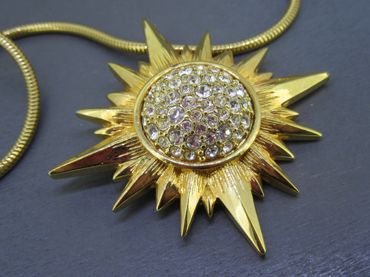 Vintage Swarovski Starburst Pendant On 32" Long Chain With Rhinestones Gold Tone