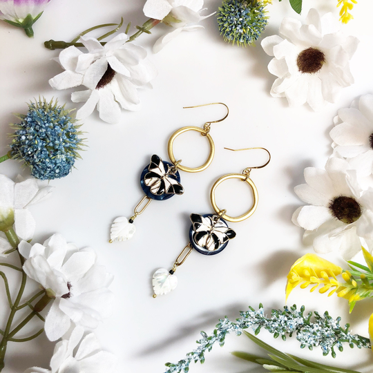 Gold Butterfly Statement Earrings Blue Black Moth Handmade