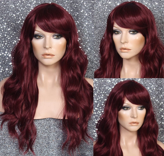 Burgundy Human Hair Blend Body Wave Bang Layered Heat Ok Character Theatrical Anime Emo Everyday Wig