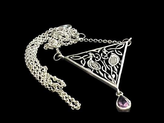Celtic Birds Amethyst Necklace, Sterling Silver Triangle Pendant, Large Vintage Mystical Jewelry