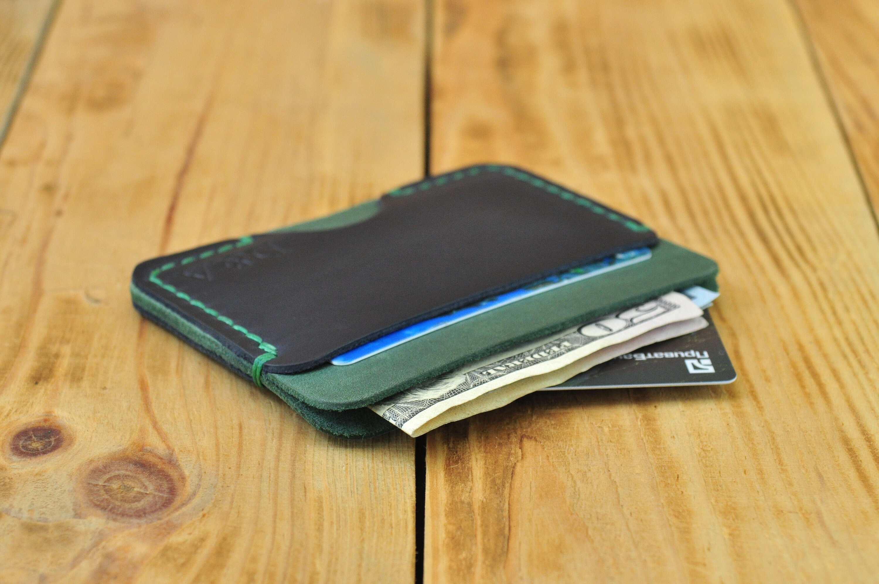 Leather Credit Card Holder Gift Custom Green Black Cardholder Wallet Slim Front Pocket Minimalist Mini