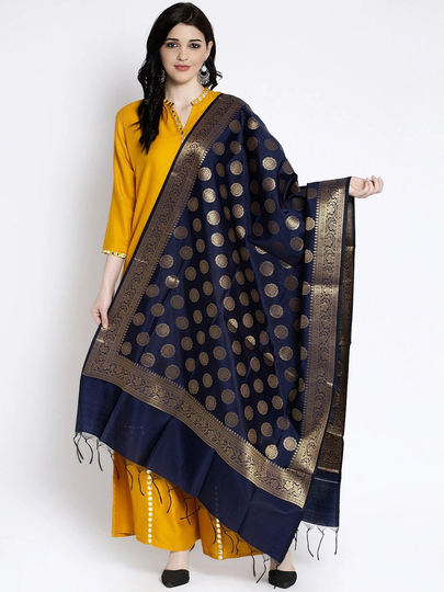 Women's Silk Blend Navy Blue Woven Design Banarasi Dupatta Free Shipping