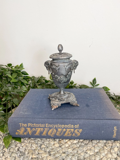 Antique Pewter Footed Urn With Roses & Goat Head Detail