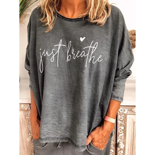 Printed Letter Casual Long Sleeve Cotton-Blend Linen Shirts Women Blouses - Gray, M - medium grey