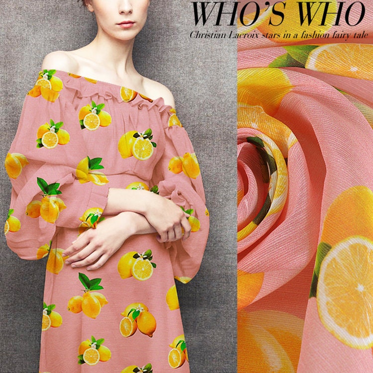 Lemon Fruit Print Pink Silk Linen Blend Sewing Fabric Width 53 Inch