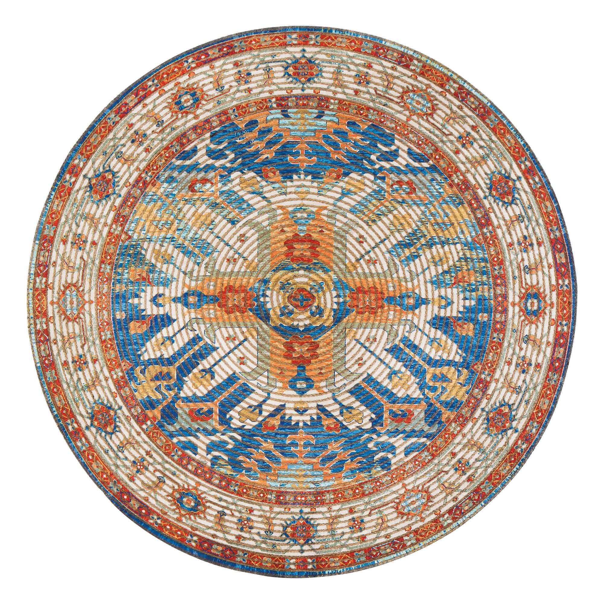 Round Distressed Blue and Orange Jute Blend Sahand Area Rug: Blue/Orange/Multi - Natural Fiber - 8' Round by World Market