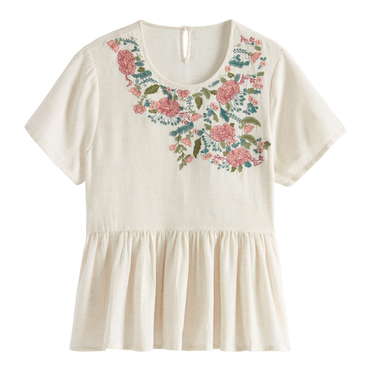 Blush And Blue Embroidered Blossoms Peplum Top - Small by World Market