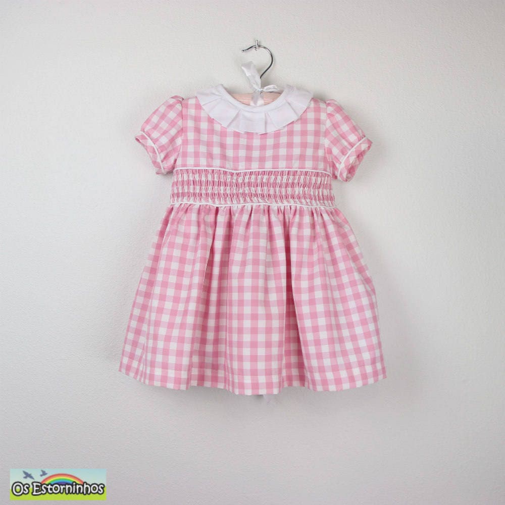 Girl Dress - Short Sleeve Cotton Blend Gingham With White Collar & Bow Various Colors Available