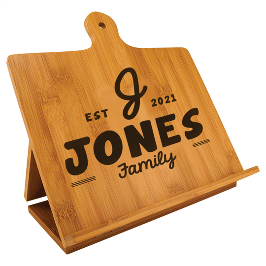 Custom Engraved Bamboo Cook Book Holder With Family Initial & Name - Personalized Kitchen Gift For Newlyweds, Housewarming, Birthday