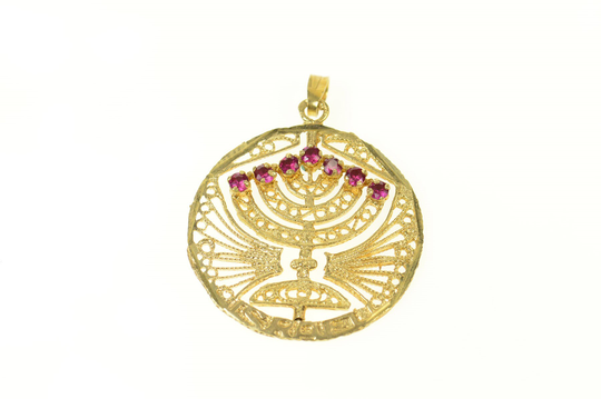 14K Ruby Turquoise Filigree Menorah Spinning Charm/Pendant Yellow Gold