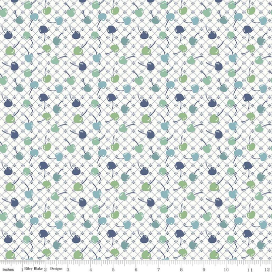 Sale Cook Book Cherries C11758 Denim - Riley Blake Designs Lori Holt Blue Off White Quilting Cotton Fabric