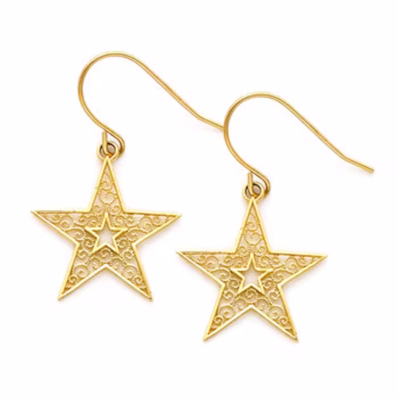 14K Gold Filigree Star Hook Earrings