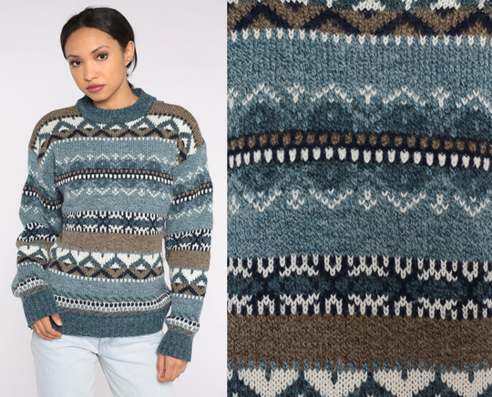 90S Geometric Sweater Blue Brown Striped Knit Pullover Grunge Boho Wool Blend Statement Crewneck Hippie Knitwear Retro 1990S Vintage Medium