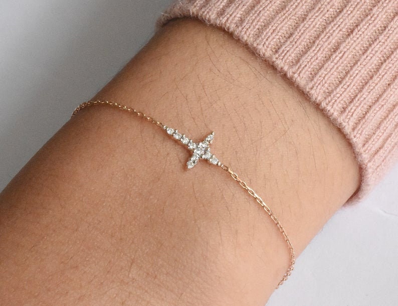 Diamond Cross Bracelet /18K Rose Gold/ Dainty/Mini White Sparkle Next Day Shipping
