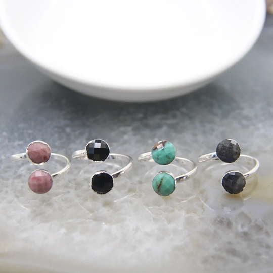 Dainty Dual Gemstone Adjustable Ring, Natural Labradorite Ring, Australian Jade Cut Faceted Ring, Obsidian Ring, Sunstone Ring, Woman Finger Ring