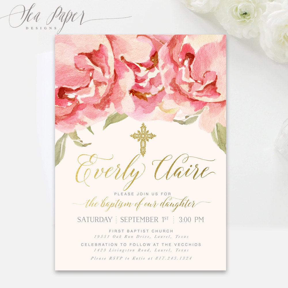 Baptism Invitation Girl, Blush Pink Floral Christening Dedication Girl First Communion Invite - Everly
