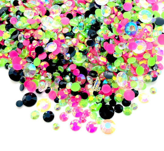 Watermelon Blend Rhinestone Mix 3/4/5/6mm Flatback Jelly Resin Rhinestones Mixed Sizes, Pretty Mix - Pink | Green Black Clear