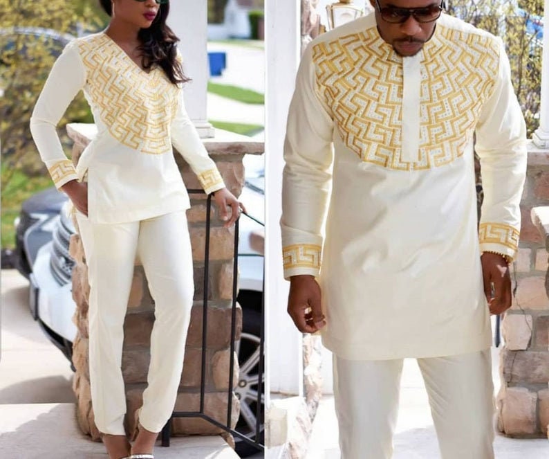 African Clothing For Women, Men, Couple Wedding Suit, Outfit, Mens Shirt, White & Gold
