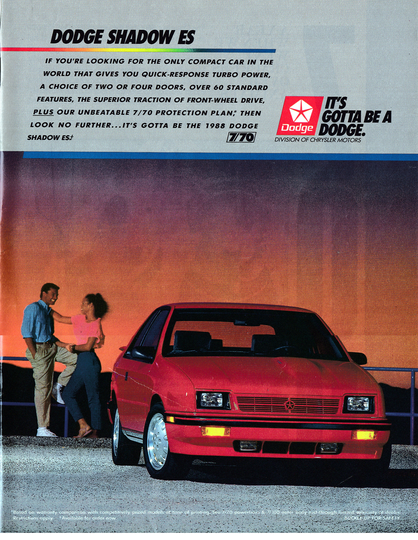 1988 Dodge Shadow Es Turbo-2 Or 4 Door-Original Magazine Ad