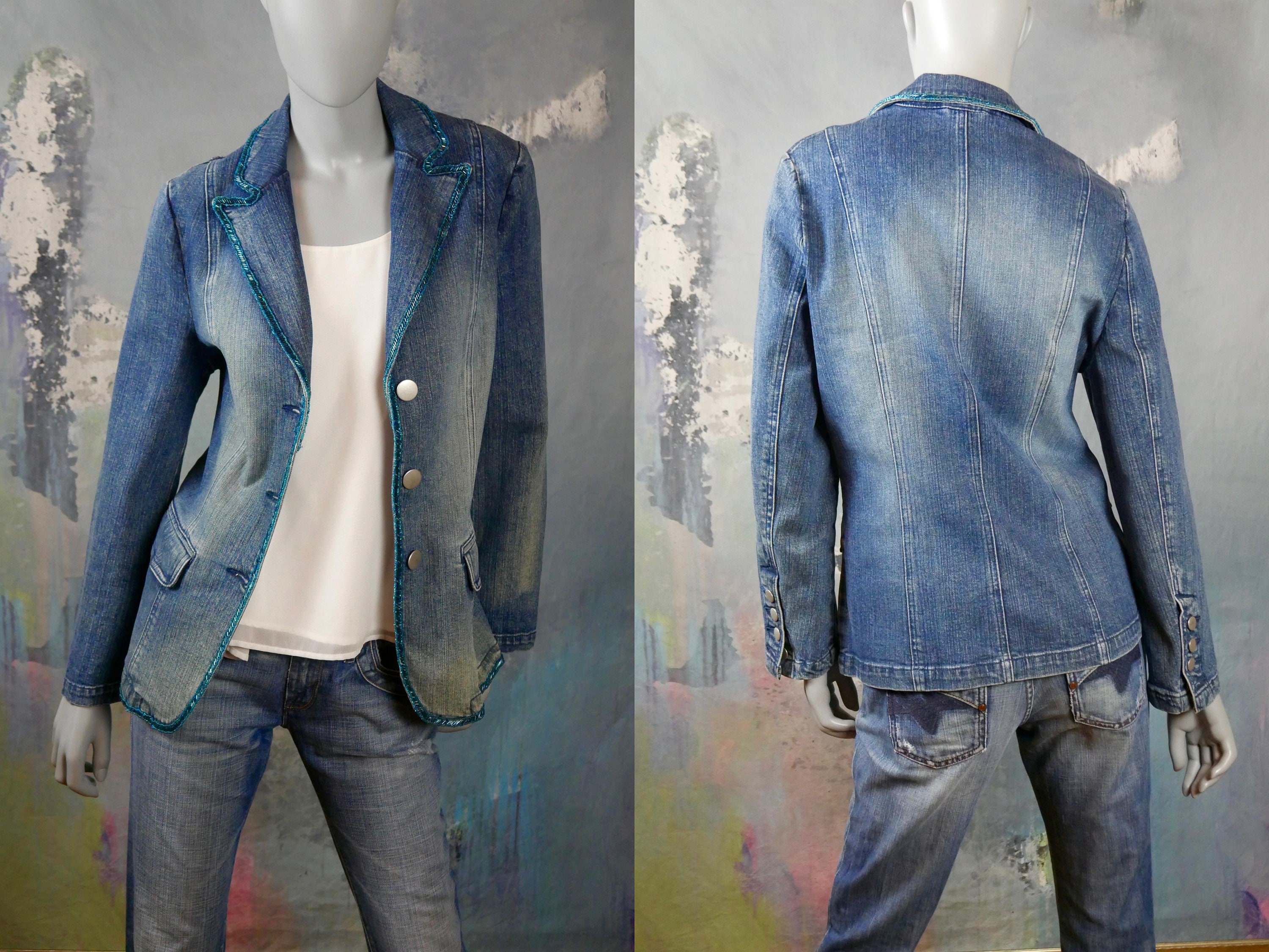 Denim Jacket, 1990S European Vintage Faded Blue Jeans Jacket W Beaded Edging On Lapels Size 8 Us, 12 Uk