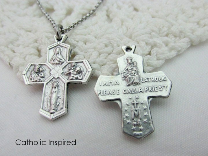 4 Way Cross Necklace - Stainless Steel Chain Miraculous Medal Our Lady Carmel Jesus Scapular St Joseph Saint Christopher 5 Oxidized