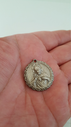 Vintage Sterling Silver Sacred Heart Medal With Our Lady Of Carmel On Reverse Silver, Catholic 1960's