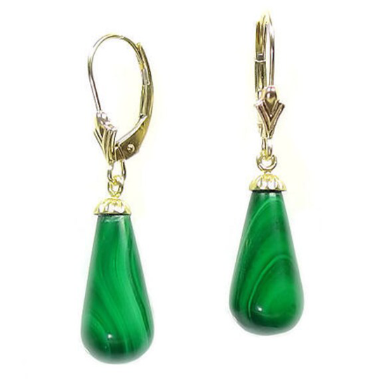 16mm Natural Green Malachite Teardrop Lever Back Earrings, 14-20 Gold Filled, Dangle Filled Backs