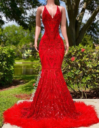 Red Mermaid Lace Prom Dress, Deep V Sequin Dress, African Women Dresses, Wedding Reception Gown Party Dress, Engagement Dress