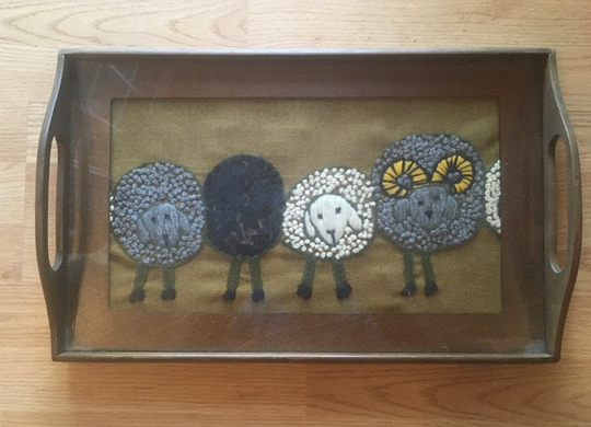 Primitive Style Serving/Tea Tray With Needlepoint Sheep Wooden Tray/Big Horn Ram/Black