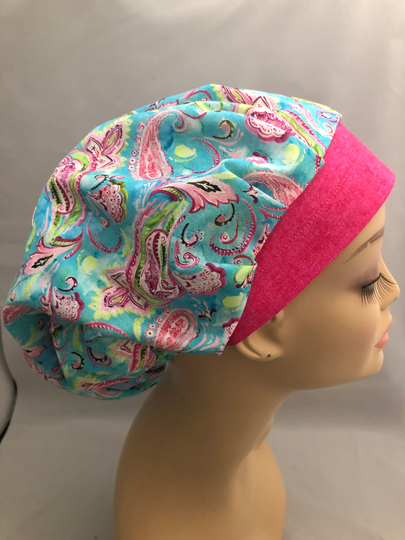 Bouffant Scrub Hat Aqua Green Pink Paisley Cord Lock Adjustable Crna Cnor Chef Cap Xray Dentist