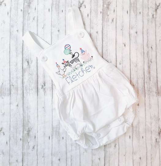 Embroidered Boys Sunsuit, Barnyard Animal Birthday Outfit