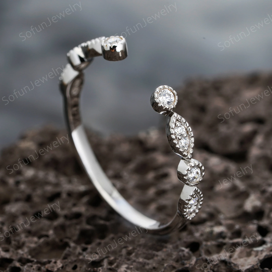 Open Gap Moissanite Wedding Band, Ring Enhancer, Matching Half Eternity Stackable 14K White Gold Silver Band
