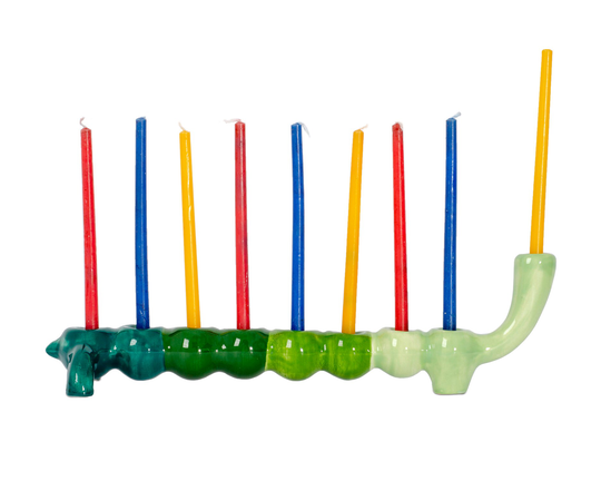 Hanukkah Menorah A Caterpillar Is Designed in Green.made From Handmade Ceramics Colorful Gift For Children The Holiday Of Light