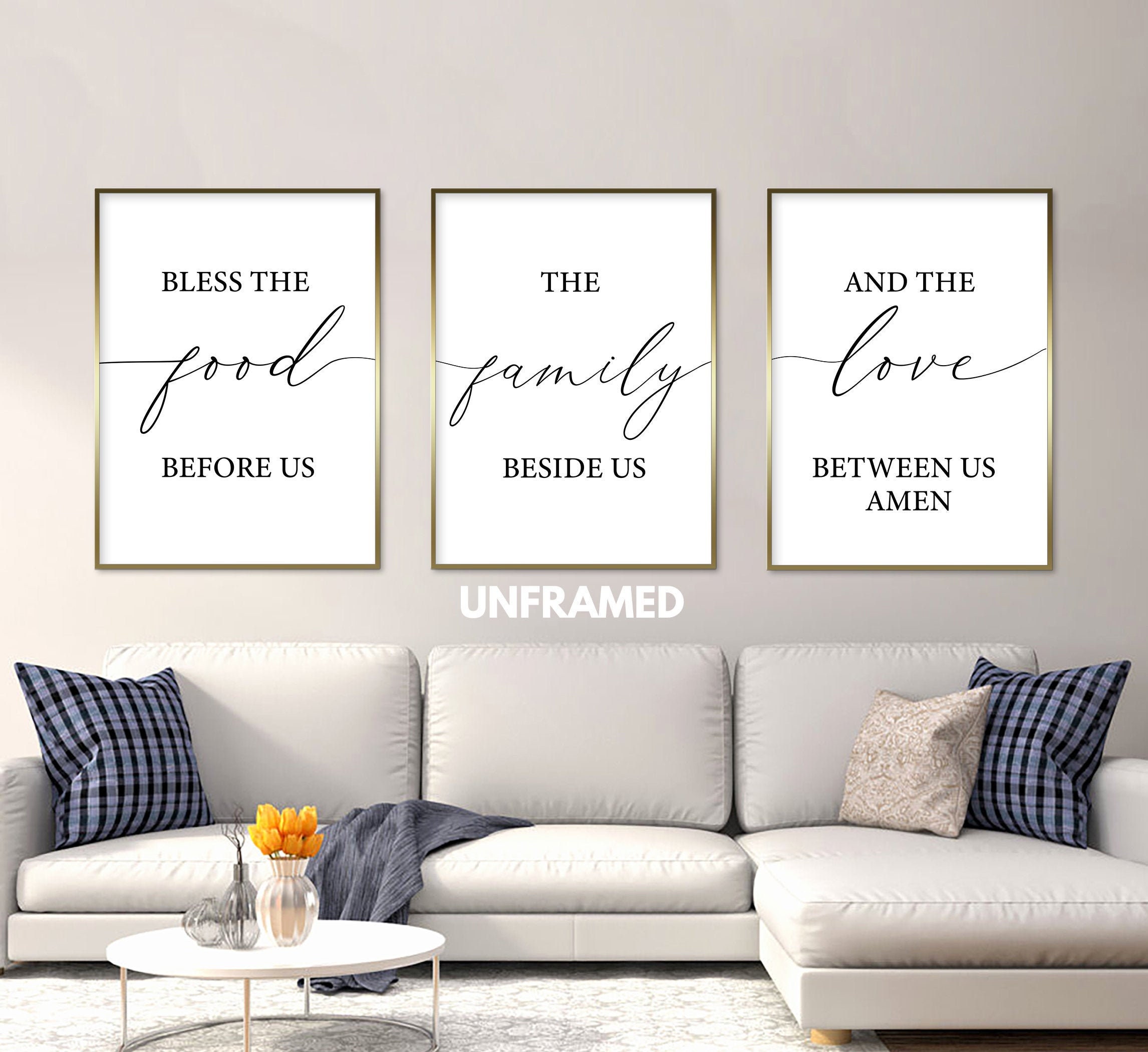 Bless The Food, Family & Love, Set Of 3 Prints, Minimalist Art, Home Wall Decor, Multiple Sizes