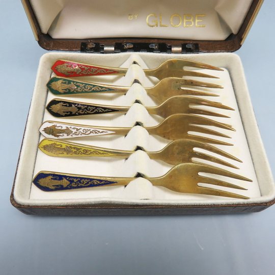 Bronze & Enamel Cocktail Forks, Set Of 6, Vintage Appetizer Colorful Forks