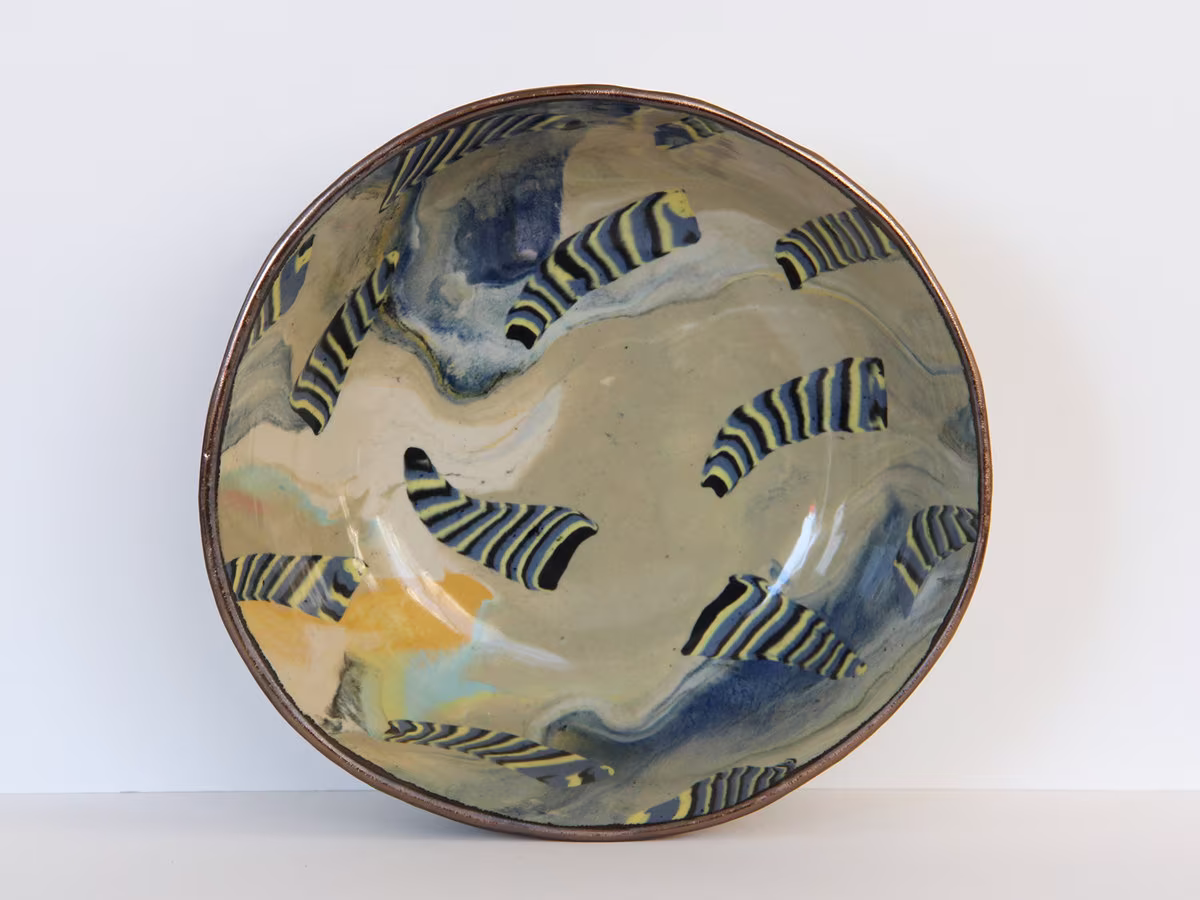 Colorful Patterned Nerikomi Bowl, Stoneware Ramen Bowl, Sage Marbled Soup Dish, Blue Yellow Black Stripe Design Medium Ceramic Bowl Gold Rim