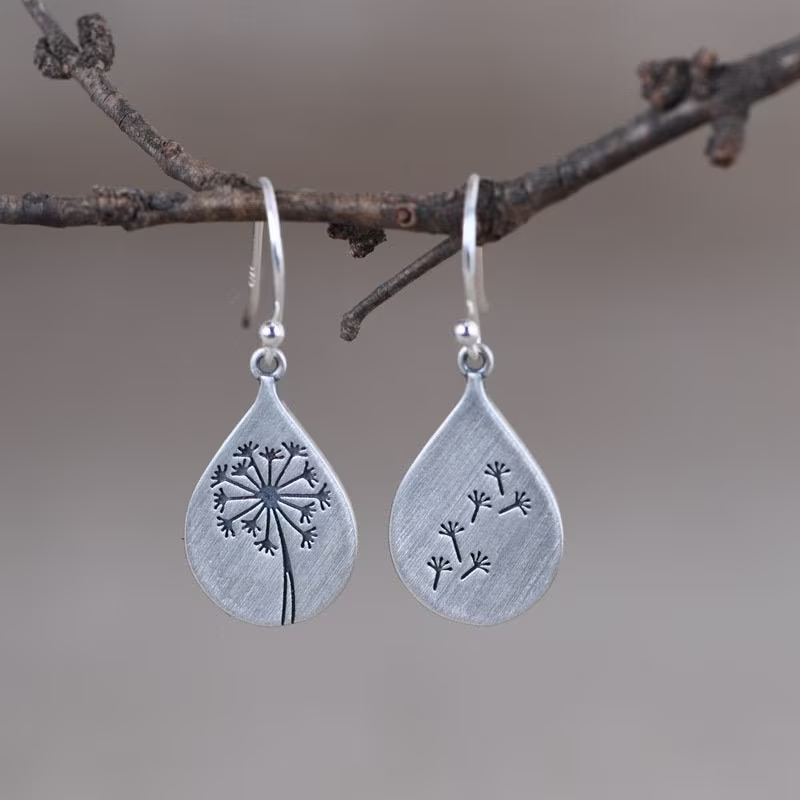 Nice Dandelion Pattern Droplet Earrings S925 Sterling Silver Dangle