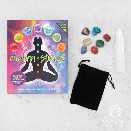 Chakra Stones Gemstone Kit | With Selenite Wand, Bag, & Chart