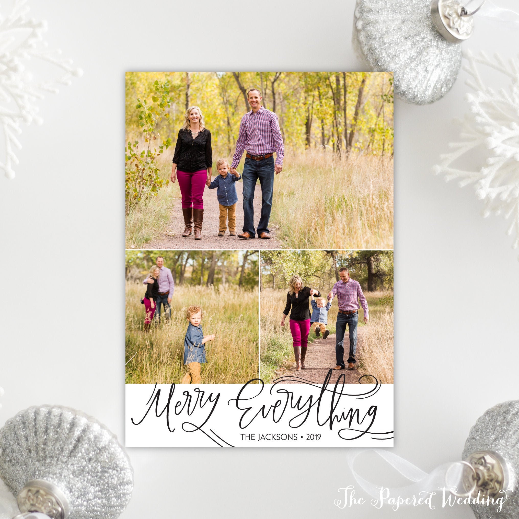 Printable Or Printed Merry Everything Photo Holiday Cards - Three Pictures Christmas Card with Modern Everything, Non-Religious 059 P3"