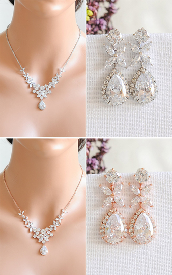 Bridal Necklace, Wedding Necklace & Earring Set, Jewelry Earrings, Crystal Flower Leaf, Maggie